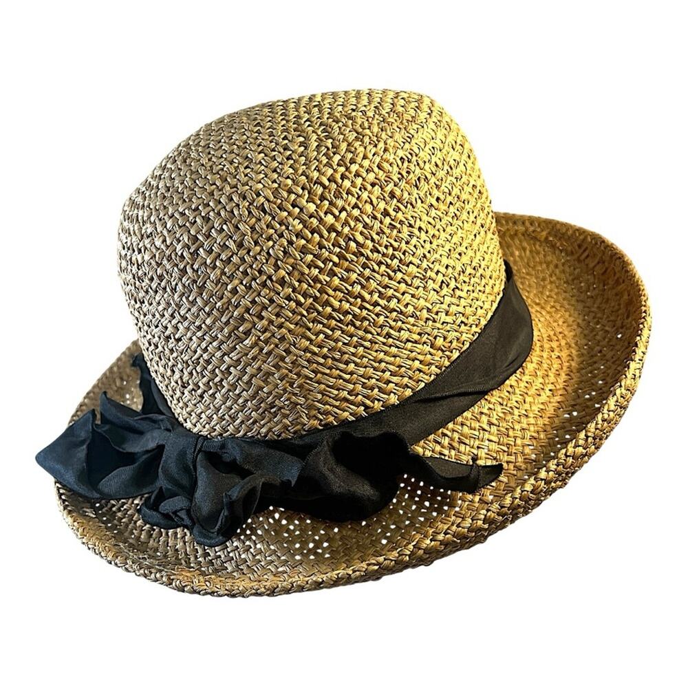 Vintage Tan Straw Sun Hat with Wide Brim with Black French Ribbon accent